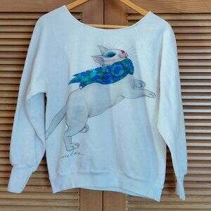Vintage Melan Lussier Hand Painted Cat Off Shoulder Sweatshirt Carmel Size M